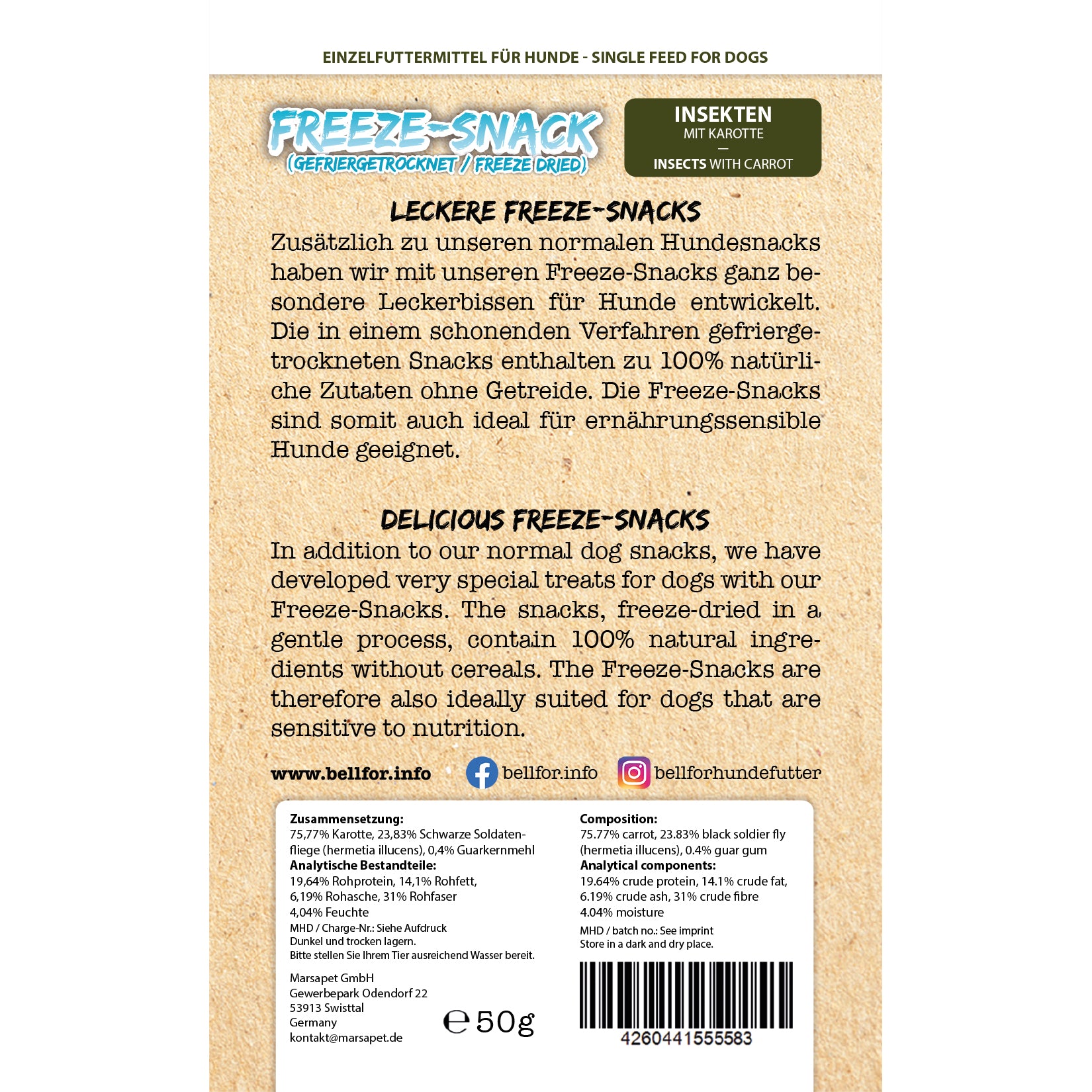 Freeze-Snack für Hunde - Insekten mit Karotte - 50g.