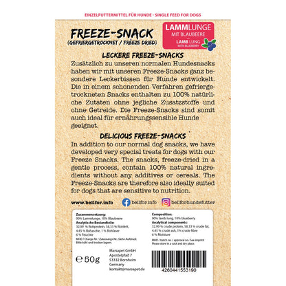 Freeze-Snack für Hunde - Lammlunge mit Blaubeere (gefriergetrocknet) - 50g.